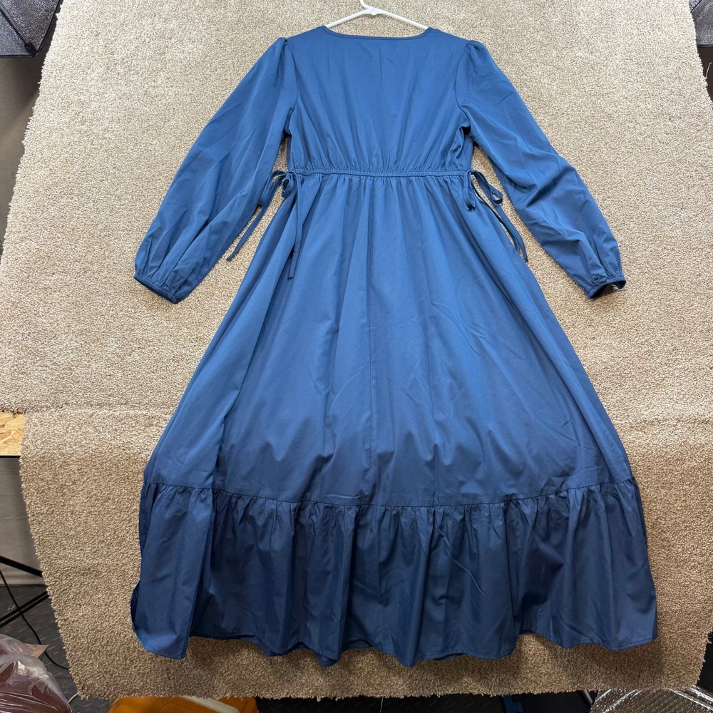NEW Cupshe Womens S Long Sleeve V-Neck Tiered Midi Dress Blue Ruffle Tie Modest - Picture 3 of 14